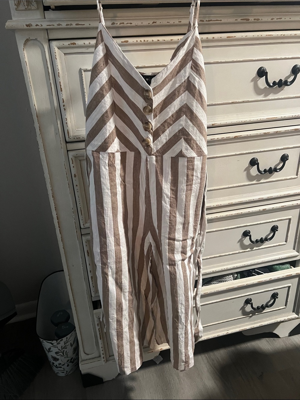 Derek Heart Tan and White Striped Spaghetti-Strap Jumpsuit